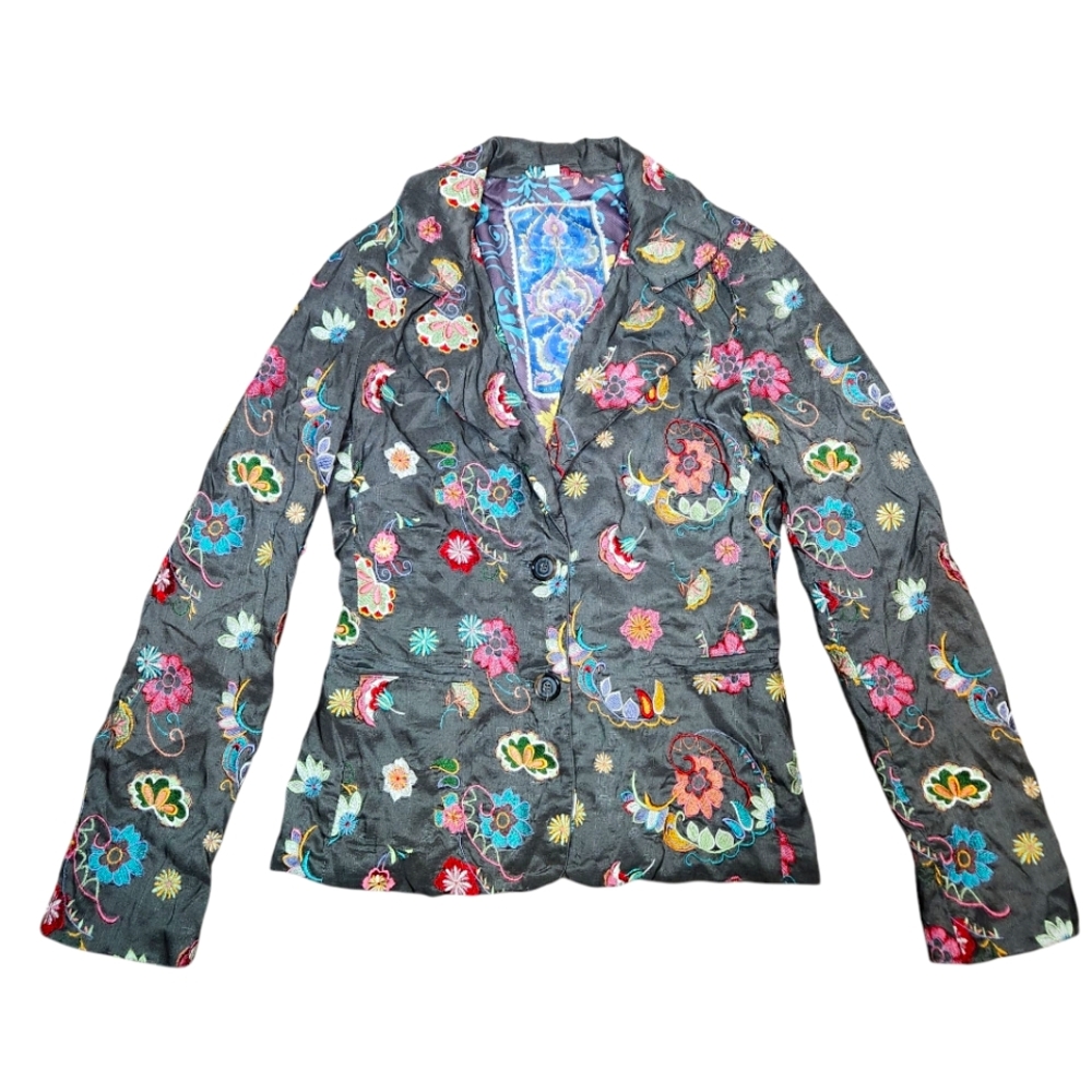 Vintage Johnny Was Biya Collection Floral Embroidered Silk Jacket Blazer Gray S
